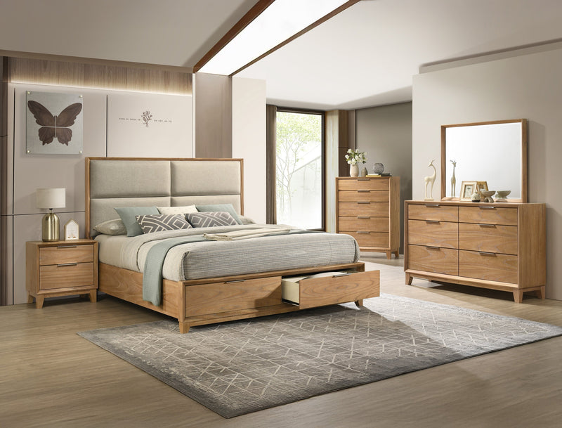 Florian Natural Wood Upholstered Queen Storage Platform Bed from Crown Mark - DMV Furniture