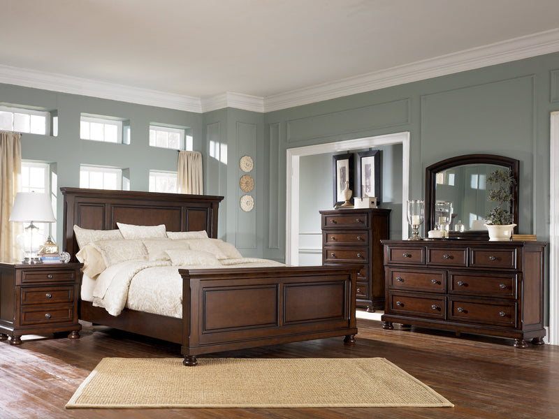 Porter Rustic Brown King Panel Bed with Mirrored Dresser and Chest from Ashley - DMV Furniture