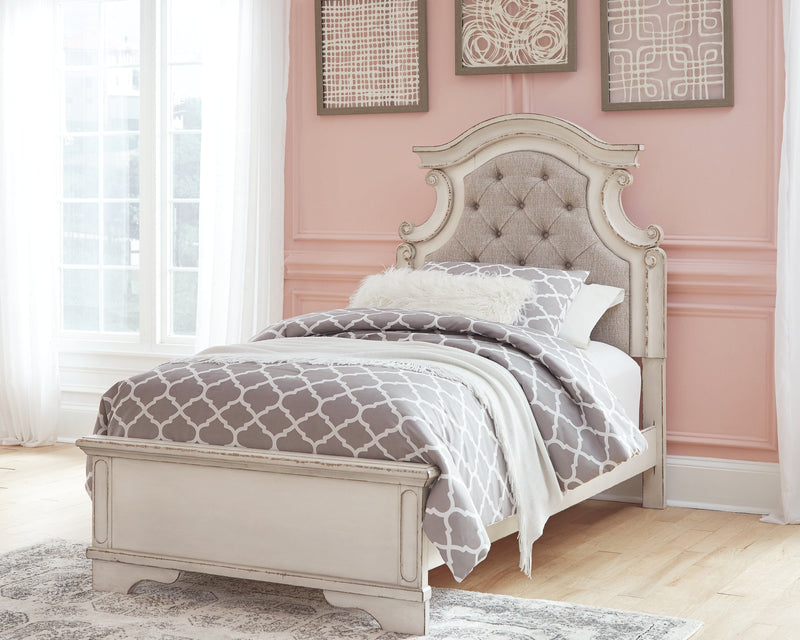 Realyn Two-tone Twin Upholstered Panel Bed and Nightstand from Ashley - DMV Furniture