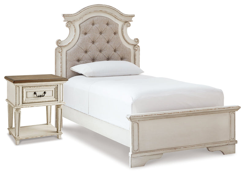 Realyn Two-tone Twin Upholstered Panel Bed and Nightstand from Ashley - DMV Furniture