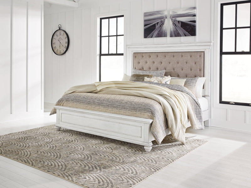 Kanwyn Whitewash King Upholstered Panel Bed, Dresser and Nightstand from Ashley - DMV Furniture