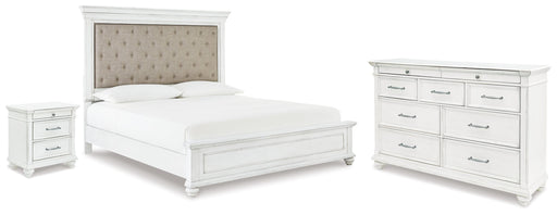 Kanwyn Whitewash King Upholstered Panel Bed, Dresser and Nightstand from Ashley - DMV Furniture