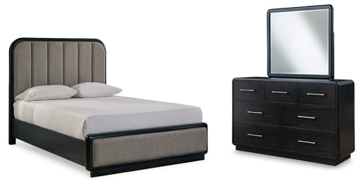 Rowanbeck Gray/Black Queen Upholstered Panel Bed with Mirrored Dresser from Ashley - DMV Furniture