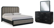 Rowanbeck King Upholstered Panel Bed with Mirrored Dresser from Ashley - DMV Furniture