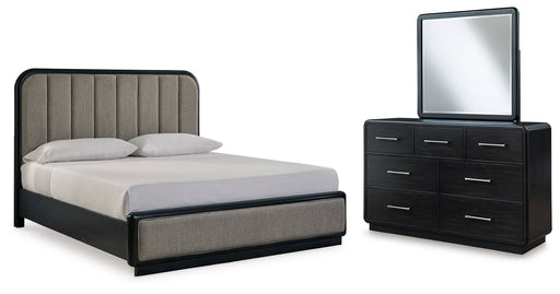 Rowanbeck King Upholstered Panel Bed with Mirrored Dresser from Ashley - DMV Furniture