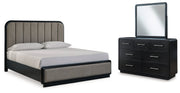 Rowanbeck Gray/Black California King Upholstered Panel Bed with Mirrored Dresser from Ashley - DMV Furniture