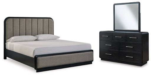 Rowanbeck Gray/Black California King Upholstered Panel Bed with Mirrored Dresser from Ashley - DMV Furniture