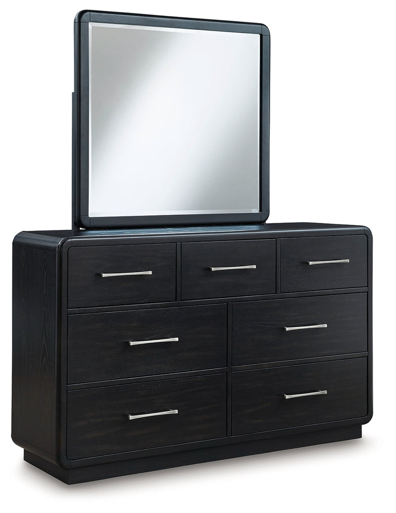 Rowanbeck Gray/Black California King Upholstered Panel Bed with Mirrored Dresser from Ashley - DMV Furniture