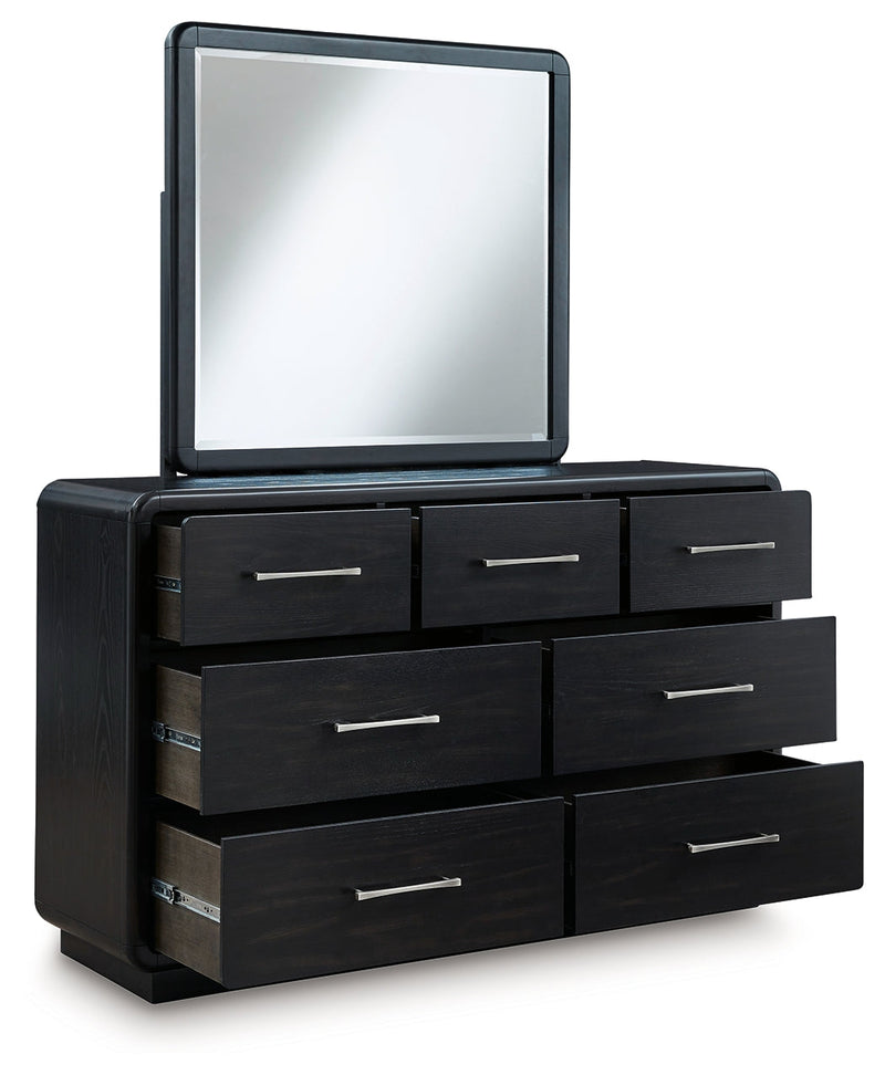 Rowanbeck King Upholstered Panel Bed with Mirrored Dresser from Ashley - DMV Furniture