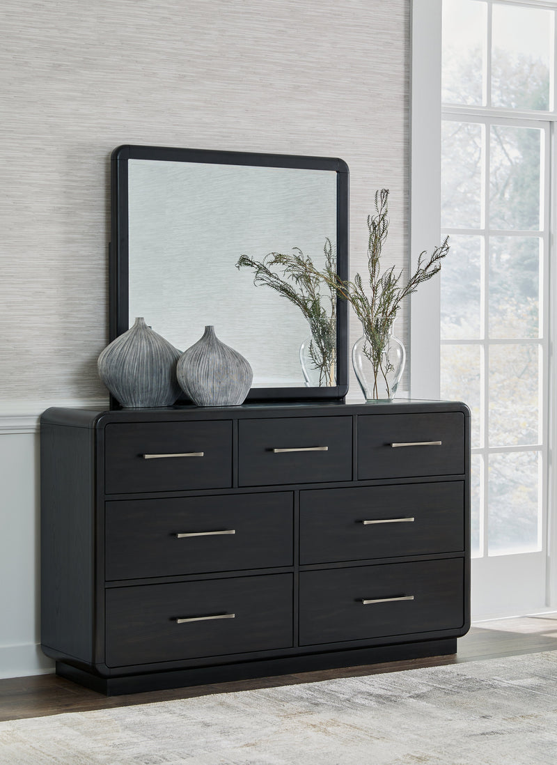 Rowanbeck King Upholstered Panel Bed with Mirrored Dresser from Ashley - DMV Furniture