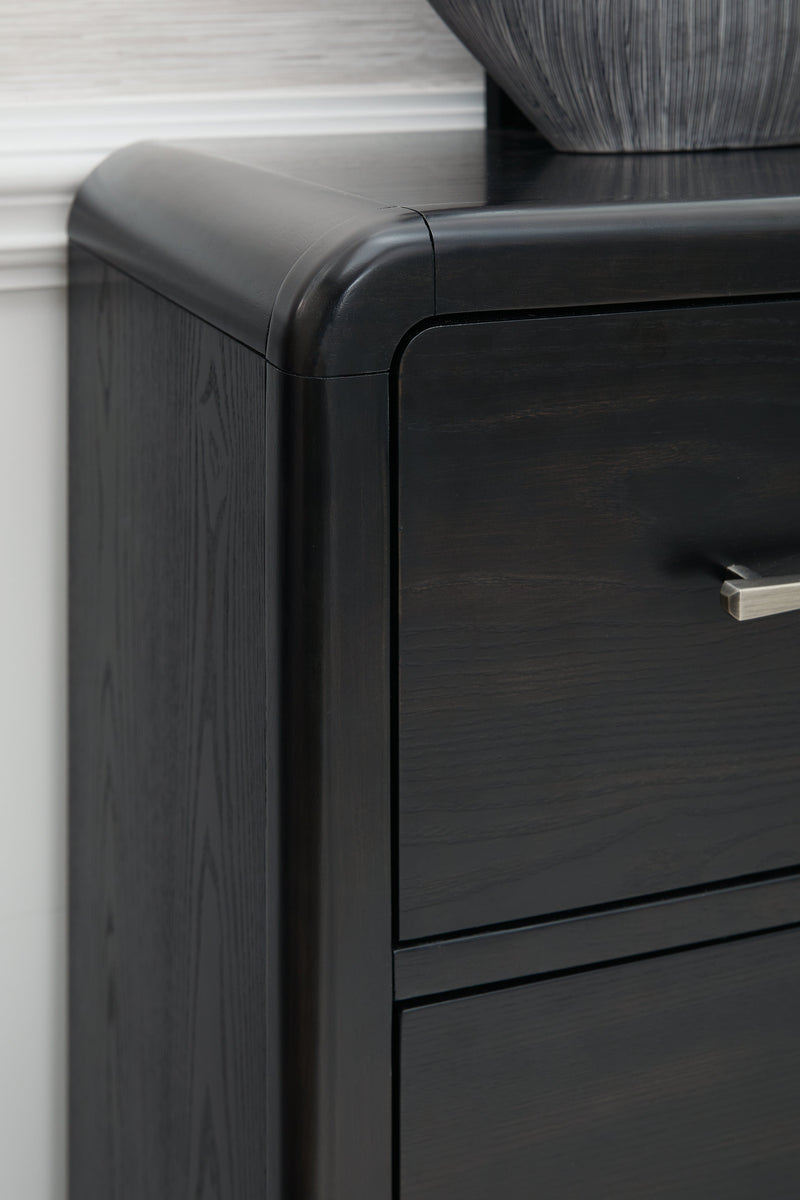 Rowanbeck Gray/Black California King Upholstered Panel Bed with Mirrored Dresser from Ashley - DMV Furniture