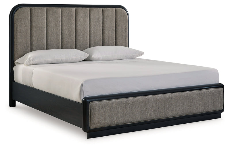 Rowanbeck King Upholstered Panel Bed with Mirrored Dresser from Ashley - DMV Furniture