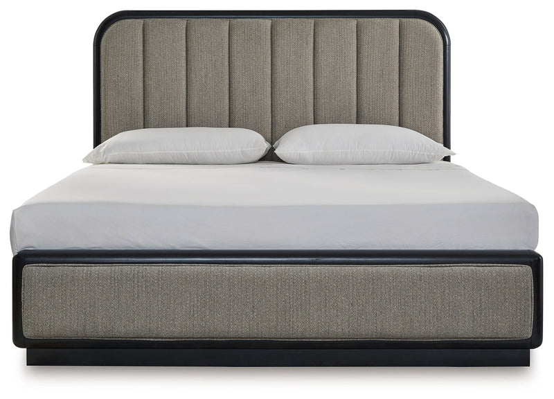 Rowanbeck Gray/Black California King Upholstered Panel Bed with Mirrored Dresser from Ashley - DMV Furniture