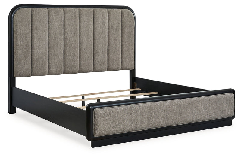 Rowanbeck Gray/Black California King Upholstered Panel Bed with Mirrored Dresser from Ashley - DMV Furniture