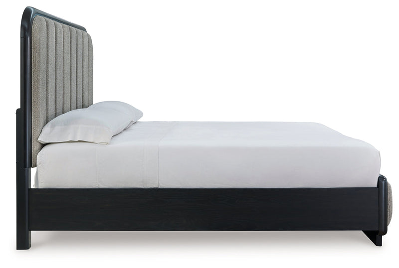 Rowanbeck King Upholstered Panel Bed with Mirrored Dresser from Ashley - DMV Furniture
