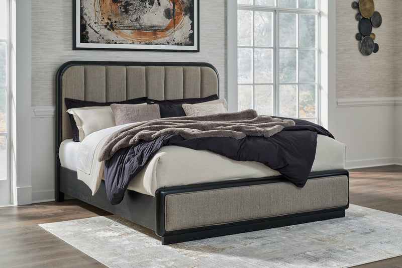 Rowanbeck King Upholstered Panel Bed with Mirrored Dresser from Ashley - DMV Furniture