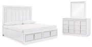 Chalanna White Queen Upholstered Storage Bed with Mirrored Dresser from Ashley - DMV Furniture