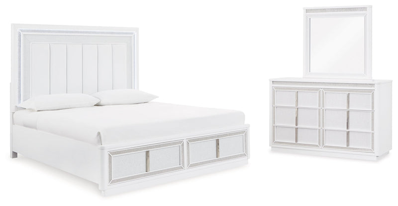 Chalanna White Queen Upholstered Storage Bed with Mirrored Dresser from Ashley - DMV Furniture