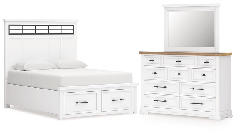 Ashbryn King Panel Storage Bed, Dresser and Mirror in White/Natural from Ashley - DMV Furniture