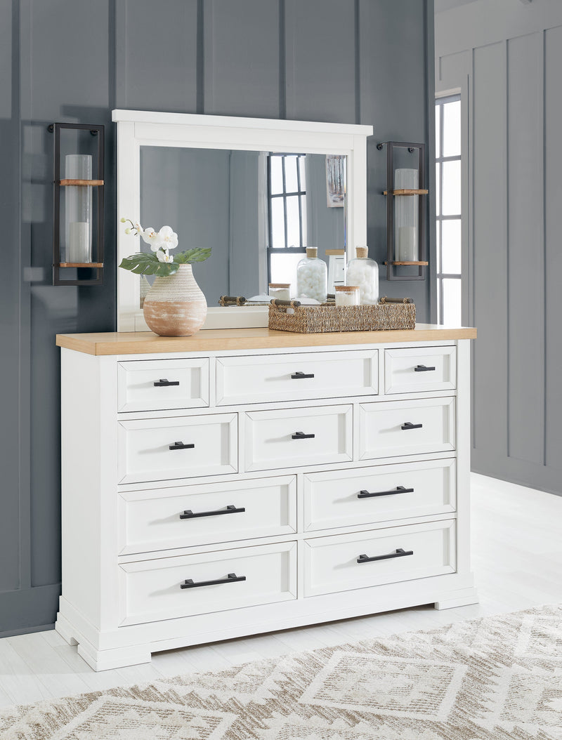 Ashbryn California King Panel Storage Bed, Dresser and Mirror in White/Natural from Ashley - DMV Furniture