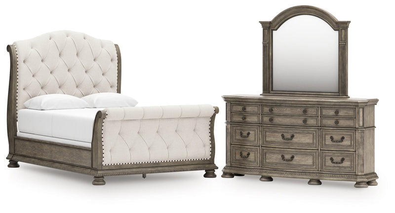Ardenfield Queen Upholstered Sleigh Bed, Dresser and Mirror from Ashley - DMV Furniture