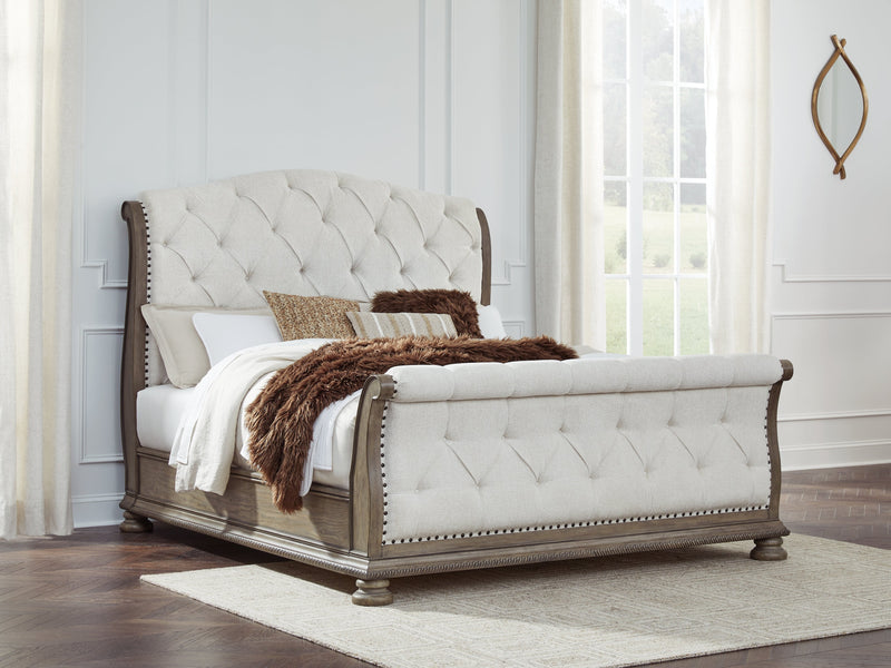 Ardenfield Light Brown King Sleigh Bed, Dresser, Mirror and Nightstand from Ashley - DMV Furniture