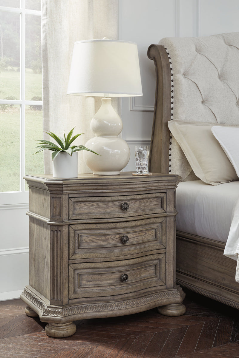 Ardenfield Light Brown King Sleigh Bed, Dresser, Mirror and Nightstand from Ashley - DMV Furniture