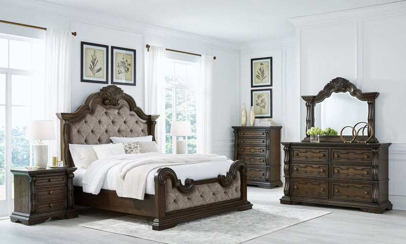 Maylee Dark Brown Queen Upholstered Bed with Mirrored Dresser from Ashley - DMV Furniture