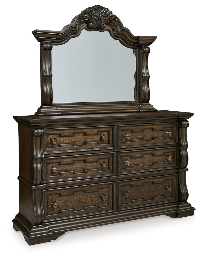 Maylee Dark Brown King Upholstered Bed with Mirrored Dresser from Ashley - DMV Furniture