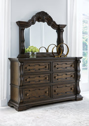 Maylee Dark Brown King Upholstered Bed with Mirrored Dresser from Ashley - DMV Furniture