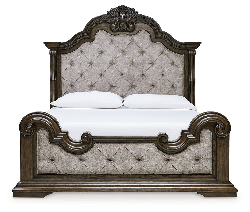 Maylee Dark Brown King Upholstered Bed with Mirrored Dresser from Ashley - DMV Furniture