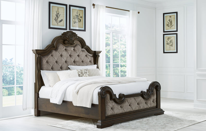 Maylee Dark Brown California King Upholstered Bed with Mirrored Dresser from Ashley - DMV Furniture