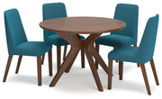 Lyncott Brown Round Dining Table and 4 Blue/Brown Chairs from Ashley - DMV Furniture