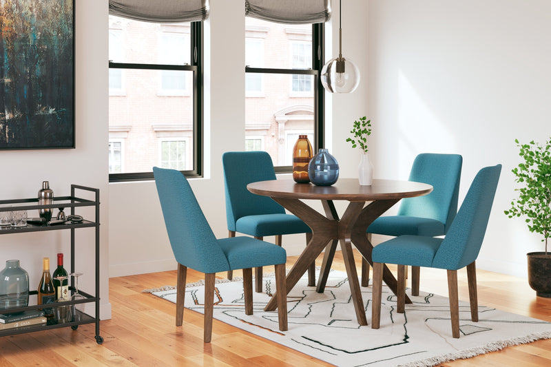Lyncott Brown Round Dining Table and 4 Blue/Brown Chairs from Ashley - DMV Furniture