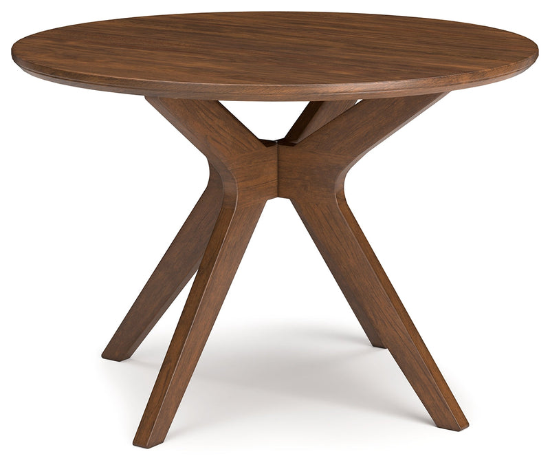 Lyncott Brown Round Dining Table and 4 Blue/Brown Chairs from Ashley - DMV Furniture