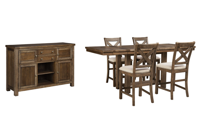 Moriville Grayish Brown Counter Height Dining Table, 4 Barstools and Server -  Ashley - DMV Furniture