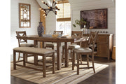 Moriville Grayish Brown Counter Height Dining Table with 4 Barstools, Bench, and Server -  Ashley - DMV Furniture