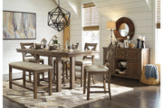 Moriville Grayish Brown Counter Height Dining Table with 4 Barstools, Bench, and Server -  Ashley - DMV Furniture