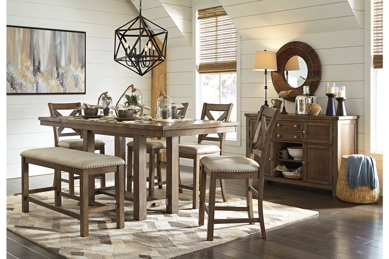 Moriville Grayish Brown Counter Height Dining Table with 4 Barstools, Bench, and Server -  Ashley - DMV Furniture