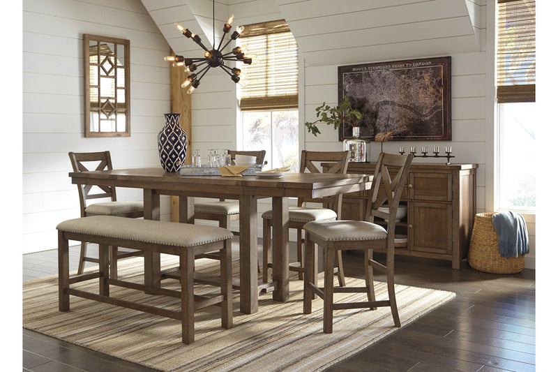 Moriville Grayish Brown Counter Height Dining Table with 4 Barstools, Bench, and Server -  Ashley - DMV Furniture