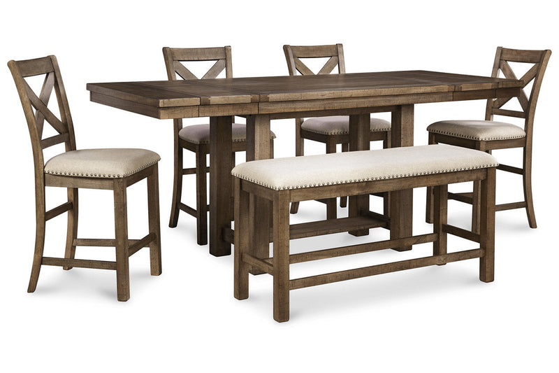 Moriville Grayish Brown Counter Height Dining Table with 4 Barstools and Bench -  Ashley - DMV Furniture