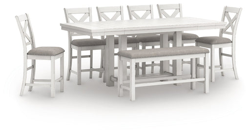 Robbinsdale Antique White Counter Height Extension Dining Table, 6 Barstools and Bench from Ashley - DMV Furniture