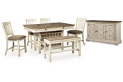 Bolanburg Antique White Counter Height Dining Table, 4 Barstools, Bench and Server -  Ashley - DMV Furniture