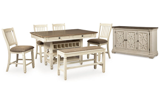 Bolanburg Antique White Counter Height Dining Table, 4 Barstools, Bench and Server -  Ashley - DMV Furniture