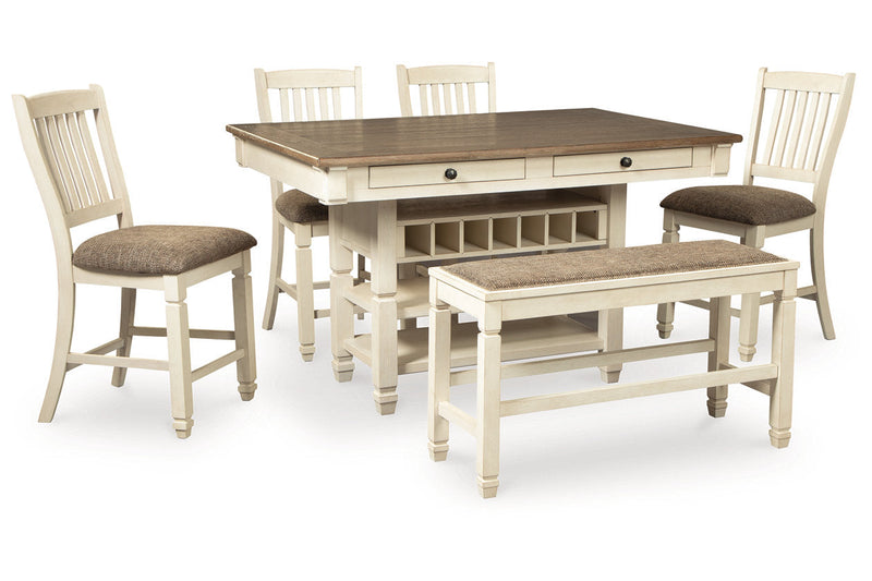 Bolanburg Antique White Counter Height Dining Table, 4 Barstools, Bench and Server -  Ashley - DMV Furniture