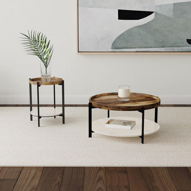 Adhvik Round Wood Top Marble Shelf Coffee Table Natural - 721888