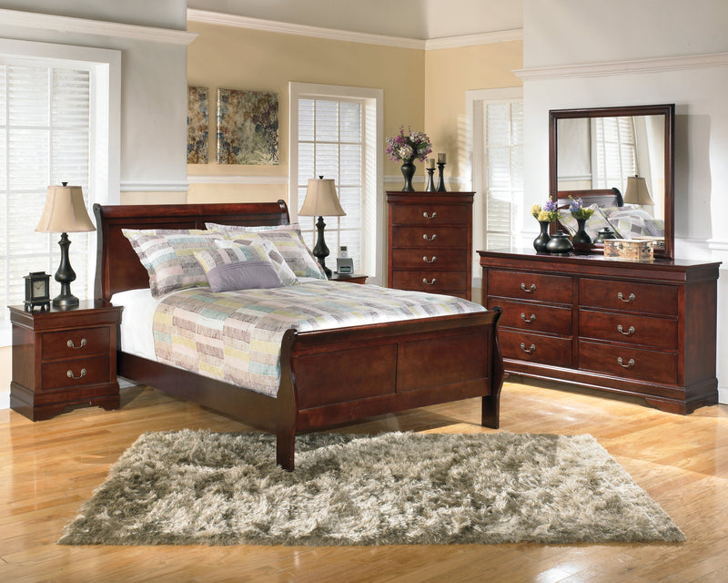Alisdair Full Sleigh Bed with Mirrored Dresser and 2 Nightstands in Reddish Brown - PKG004966