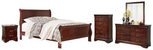 Alisdair King Sleigh Bed with Mirrored Dresser, Chest and Nightstand in Reddish Brown - PKG004985