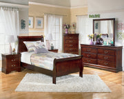 Alisdair Twin Sleigh Bed with Mirrored Dresser and Chest in Reddish Brown - PKG004974