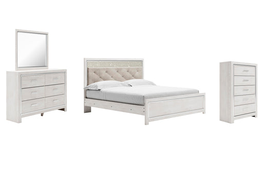 Altyra King Panel Bed with Mirrored Dresser and Chest in White - PKG009427